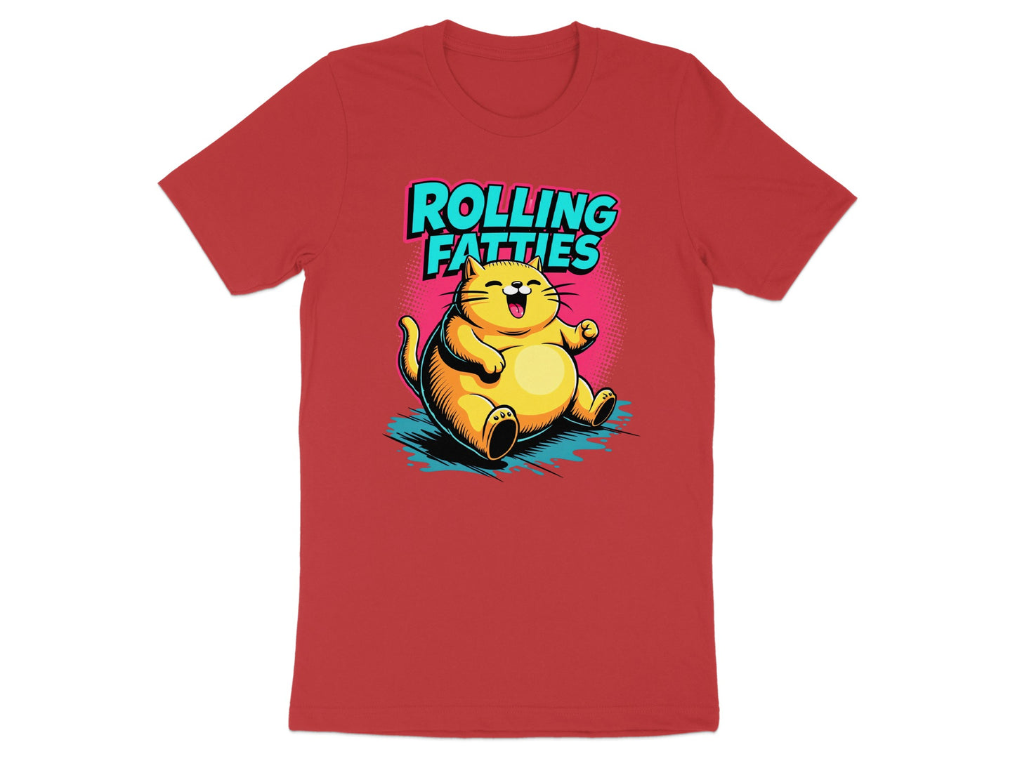 Red t-shirt with cartoon cat sitting and text "ROLLING FATTIES".
