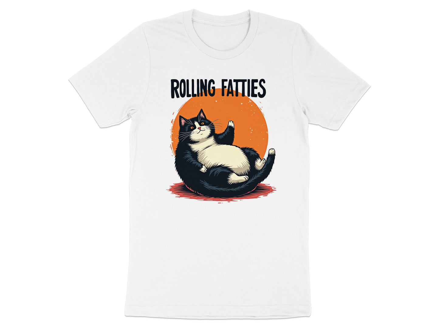 Black and white cat lounging with "ROLLING FATTIES" text against orange circle.