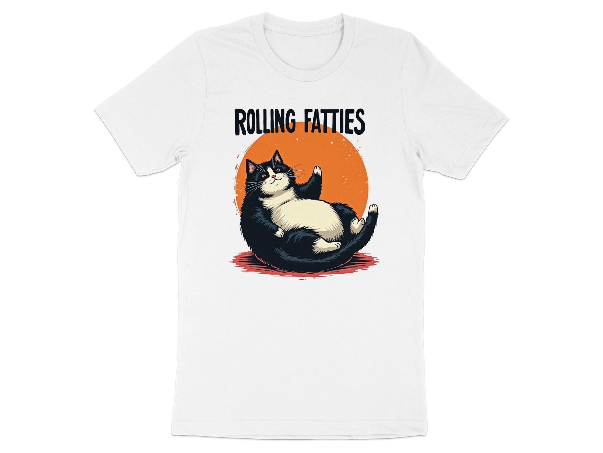 Black and white cat lounging with "ROLLING FATTIES" text against orange circle.