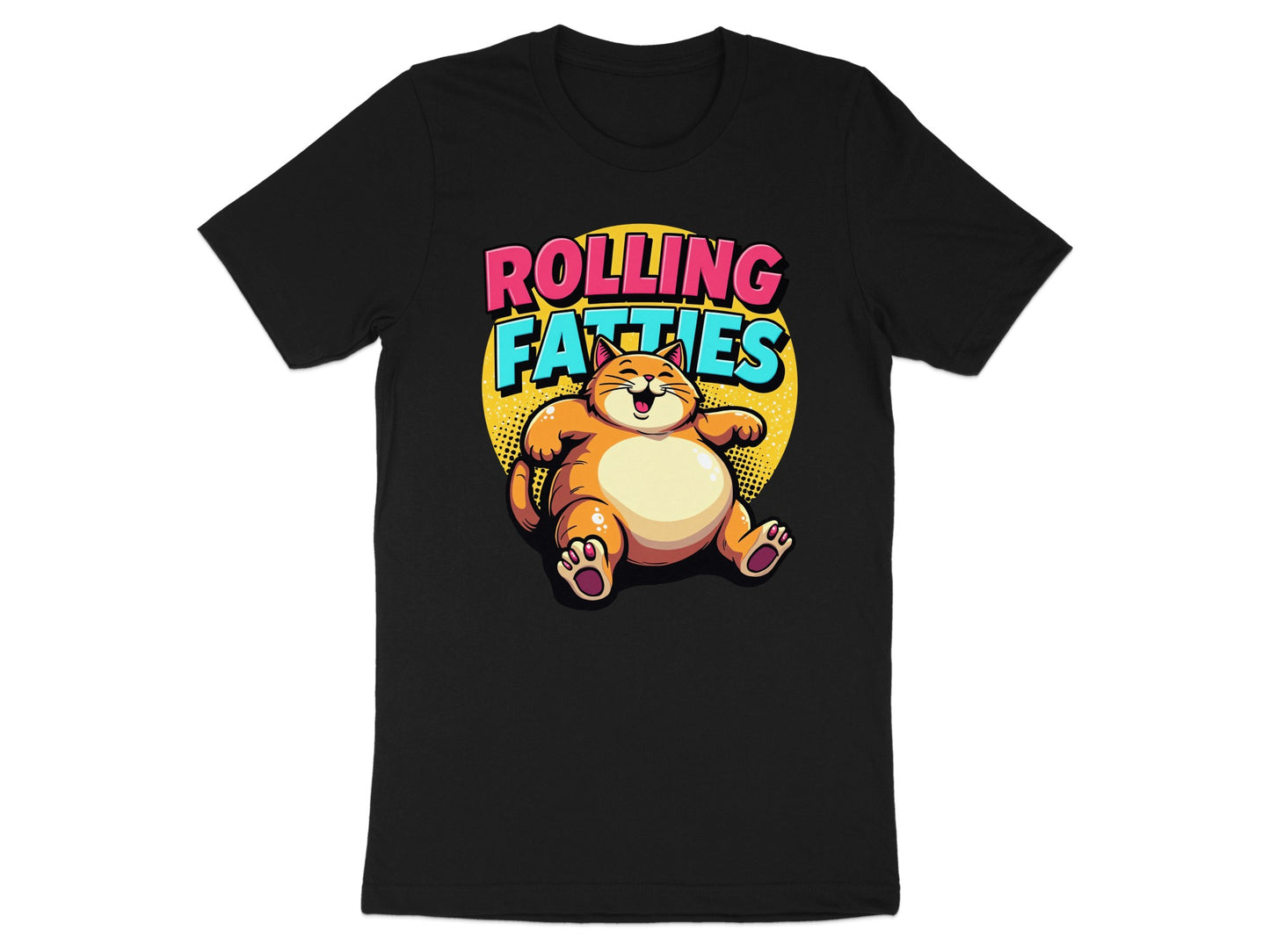 Fat cat sitting, smiling, with "Rolling Fatties" text on a black t-shirt.