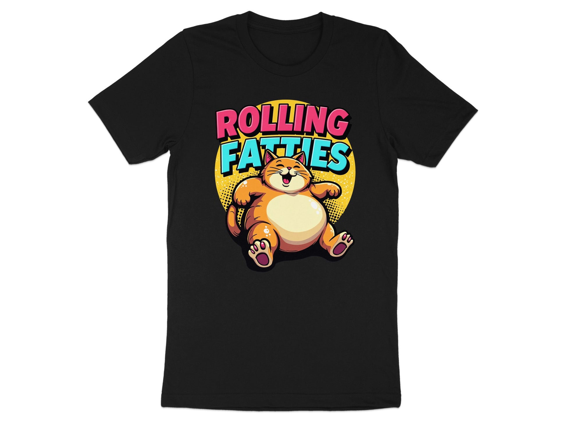 Fat cat sitting, smiling, with "Rolling Fatties" text on a black t-shirt.