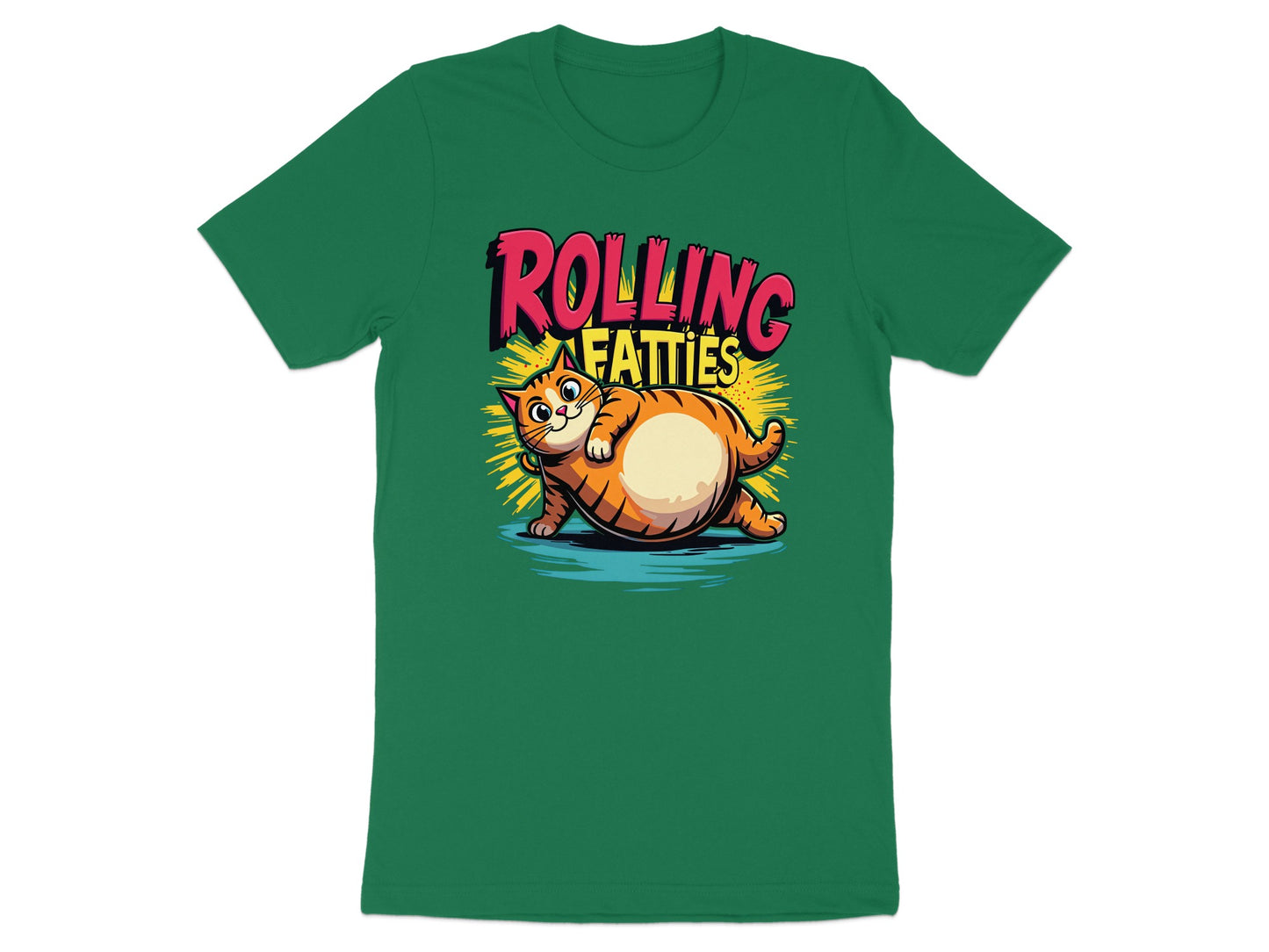 Green t-shirt featuring cartoon cat with "ROLLING FATTIES" text.
