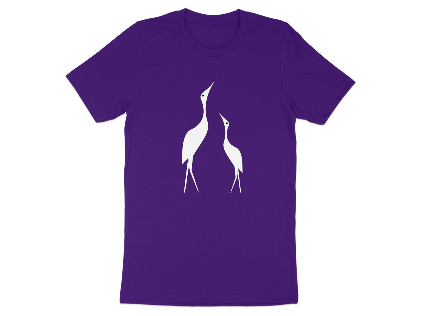Purple t-shirt with two white cranes facing upward and to the left.