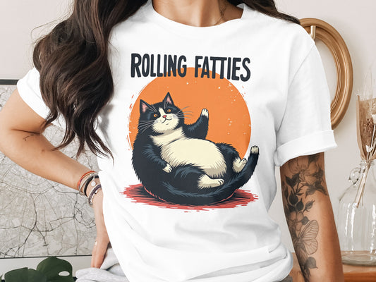 T-shirt with black and white cat waving, text "ROLLING FATTIES".