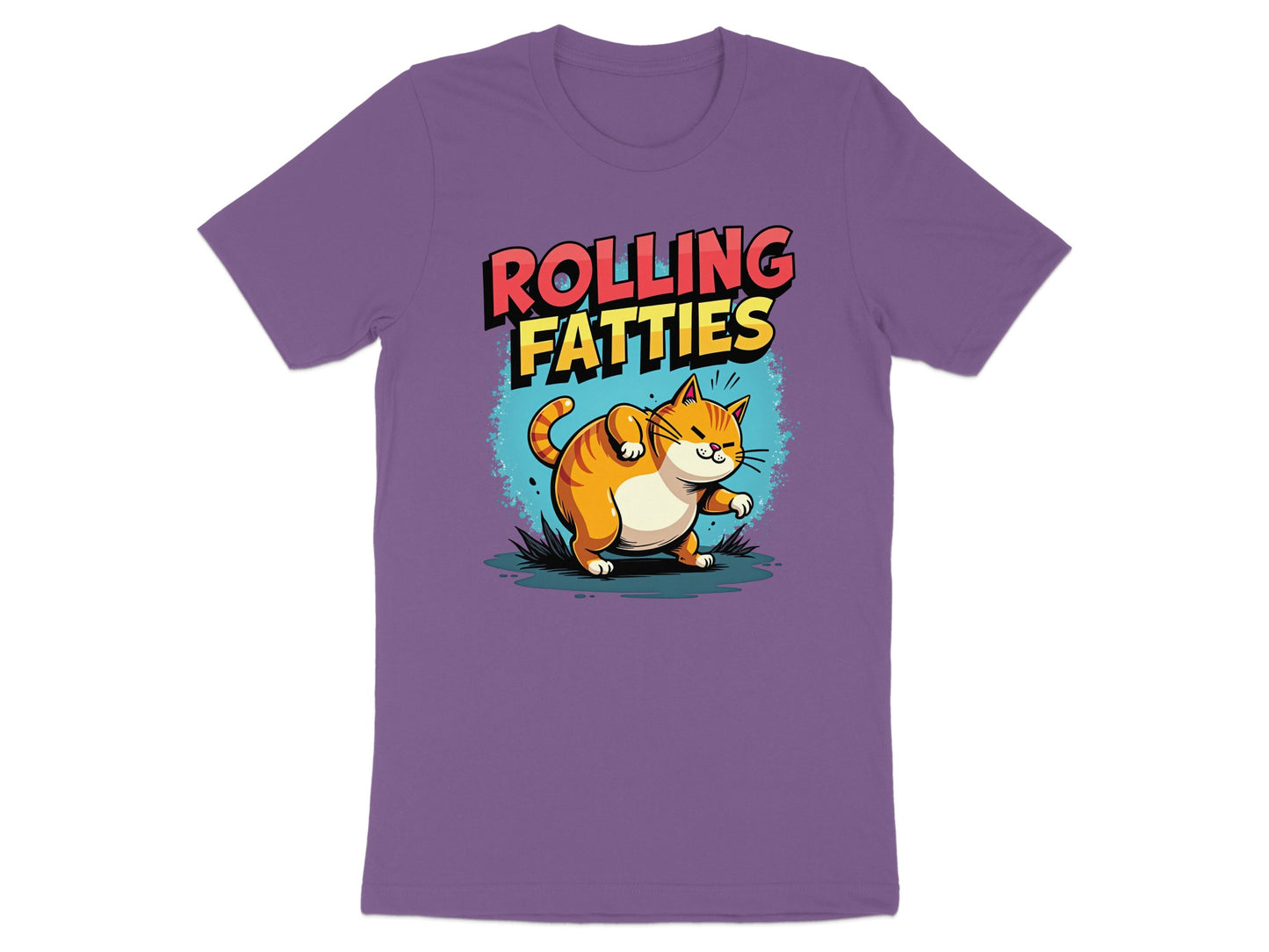 Purple t-shirt with cartoon cat and text "ROLLING FATTIES".