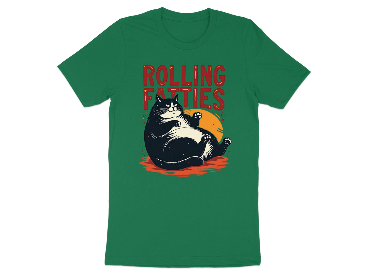 Green t-shirt with "Rolling Fatties" text and a plump cat lying down.