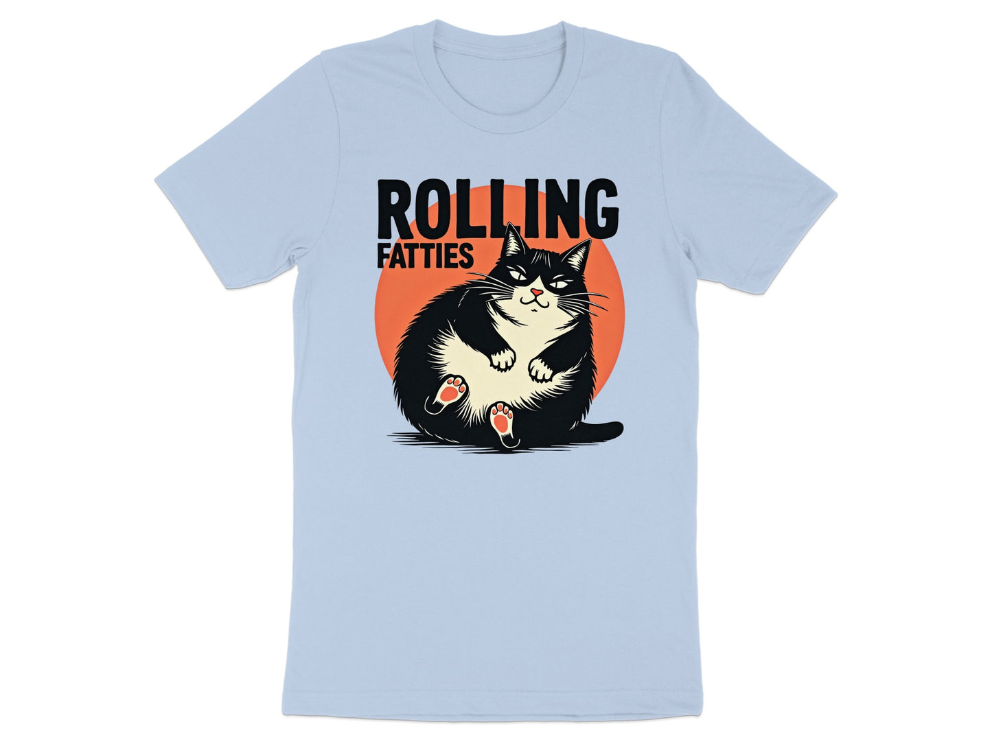 Chubby black cat with "Rolling Fatties" text on a light blue t-shirt.