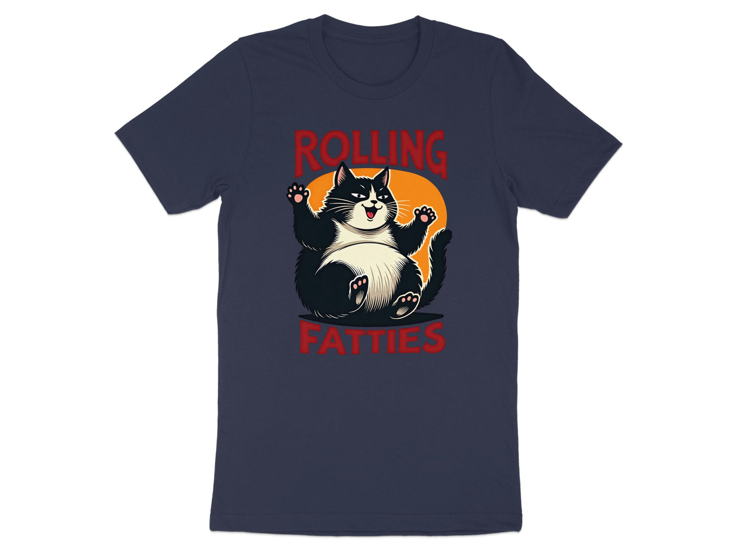 Black and white cat with "ROLLING FATTTIES" text, arms raised.