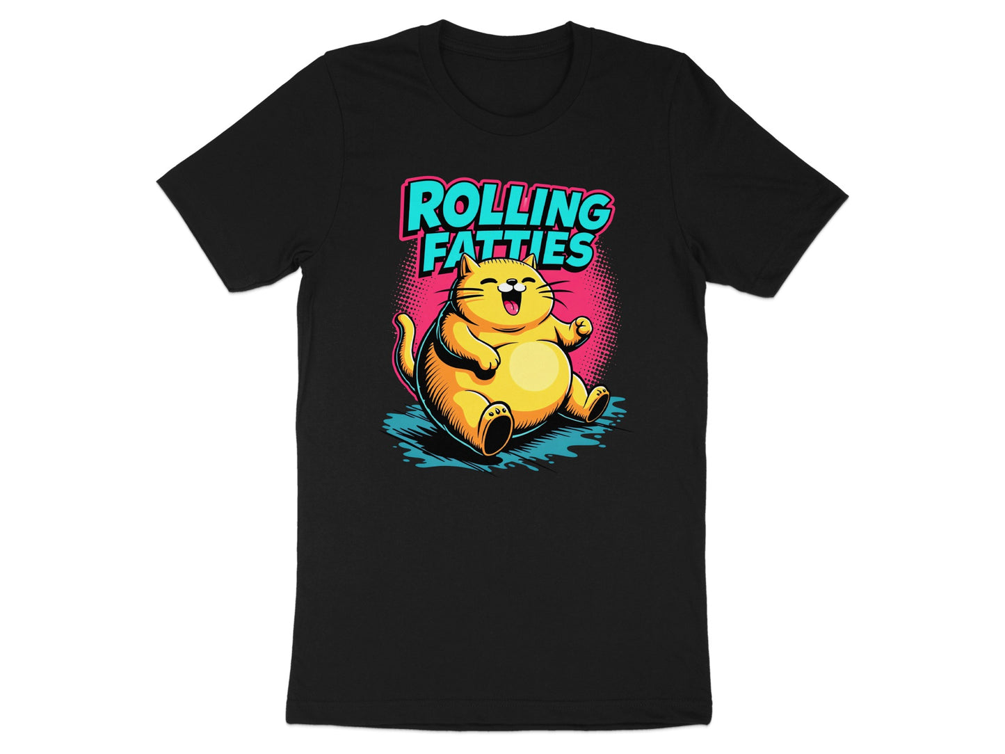 Yellow cat with "ROLLING FATTIES" text on black t-shirt.