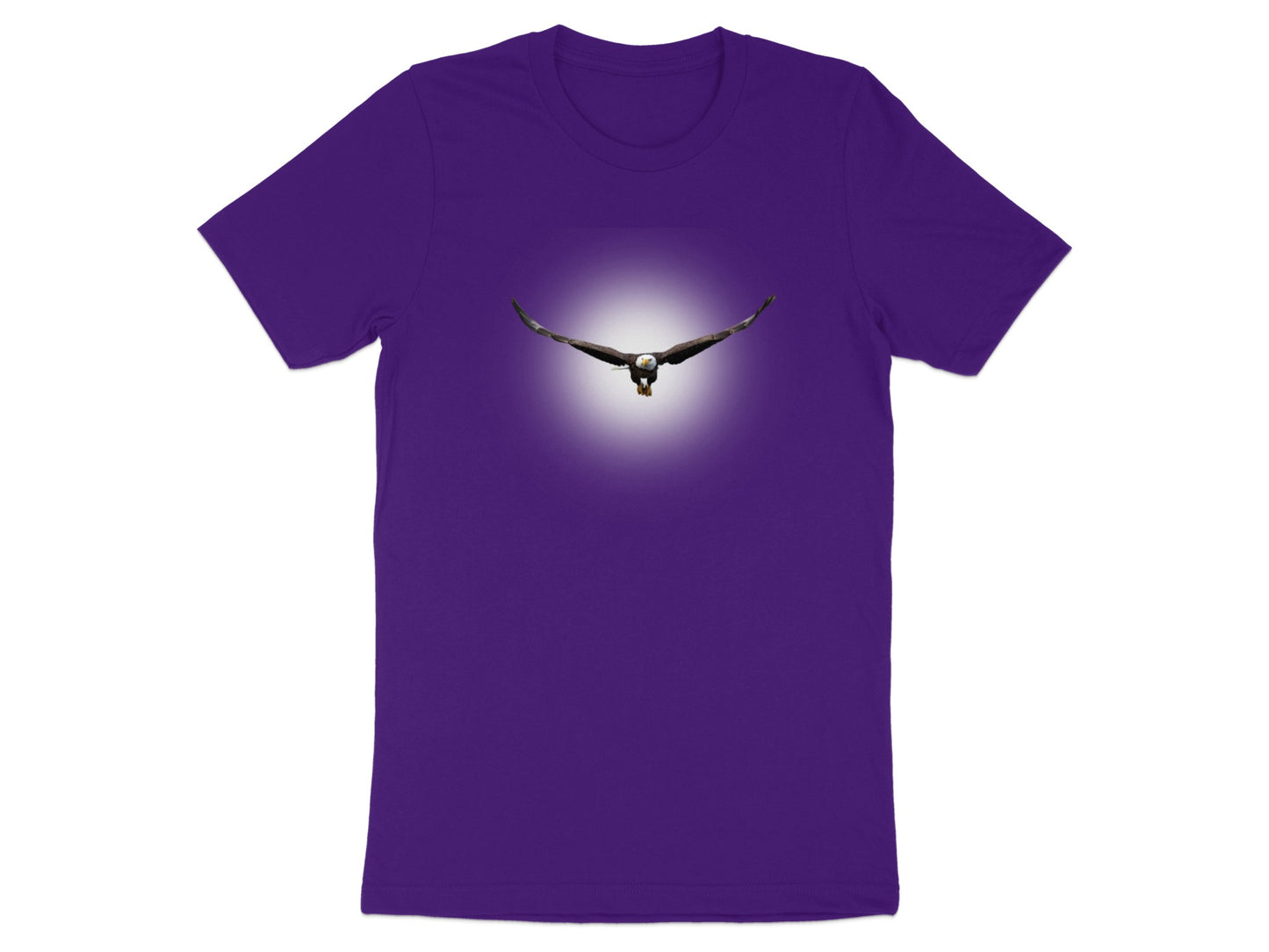 Purple t-shirt with a bald eagle in flight centered on the chest.
