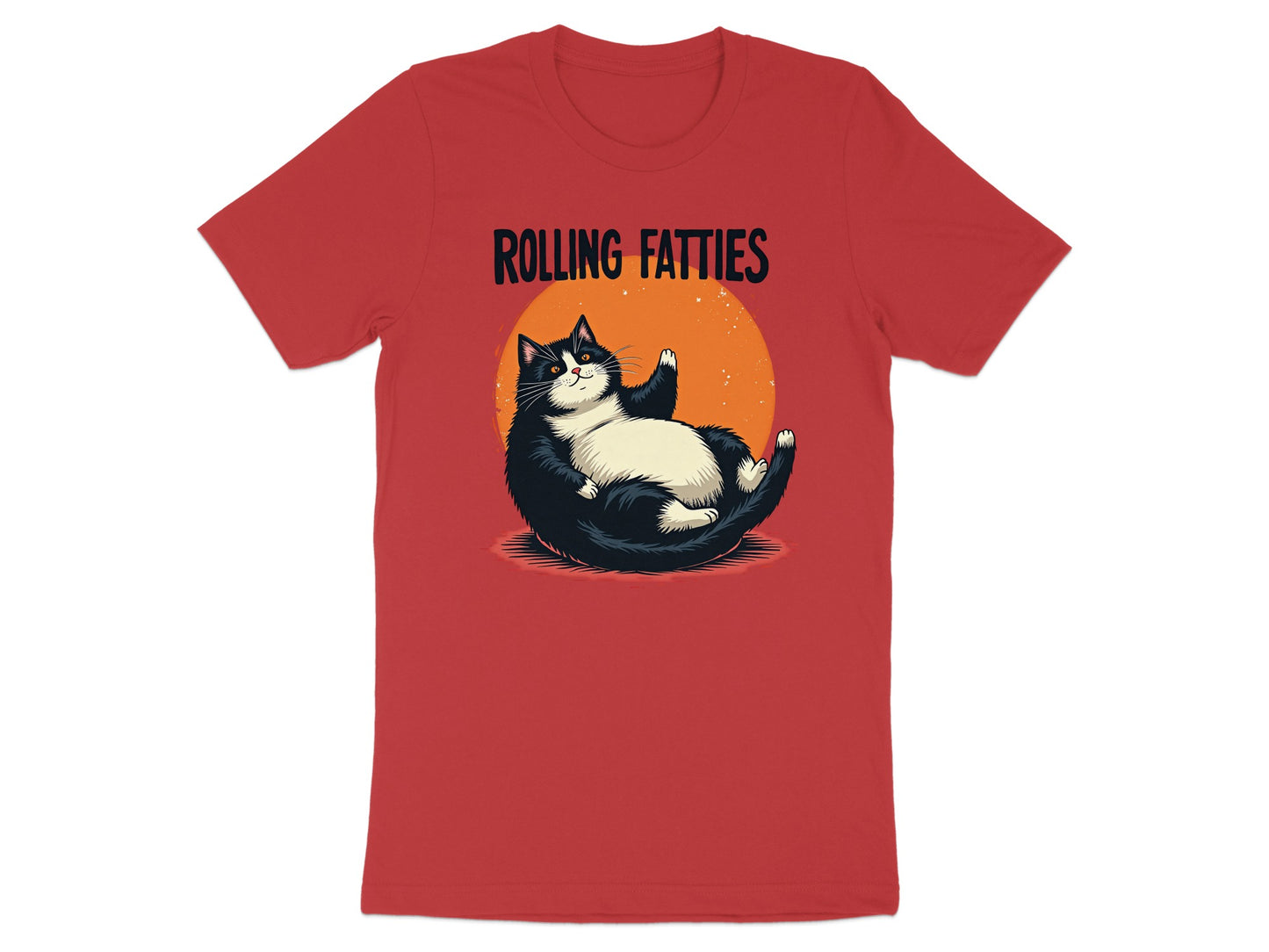 Black and white cat with an orange circle behind it, "ROLLING FATTIES" text.