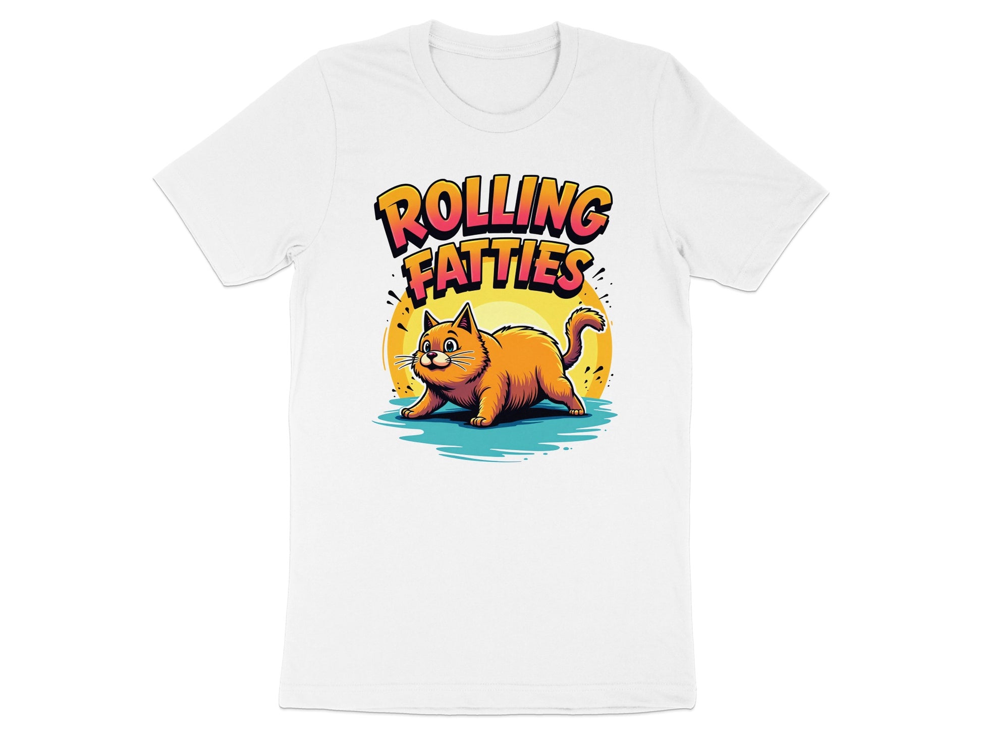Orange cat with "Rolling Fatties" text on a white t-shirt.