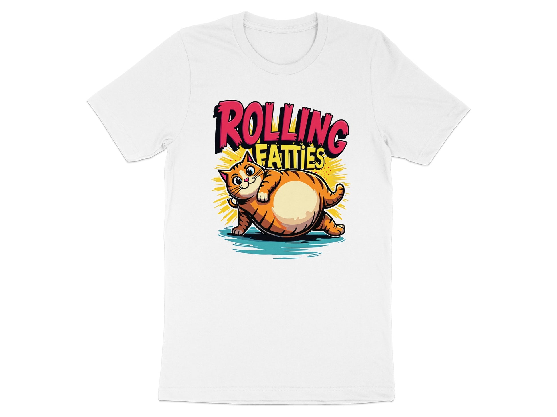 T-shirt with cartoon of a fat cat and text "ROLLING FATTIES".