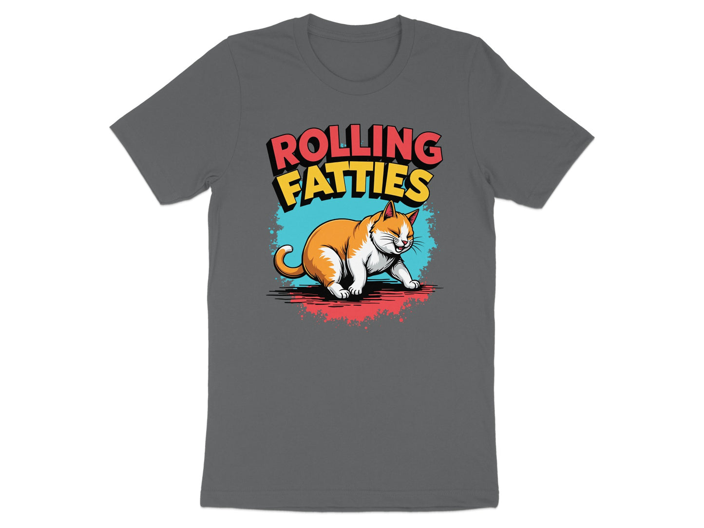 Gray t-shirt with a cartoon cat and "ROLLING FATlies" text.