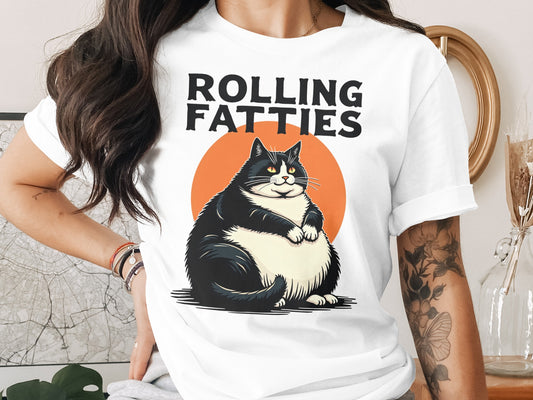 T-shirt with black and white cat illustration and "Rolling Fatties" text.