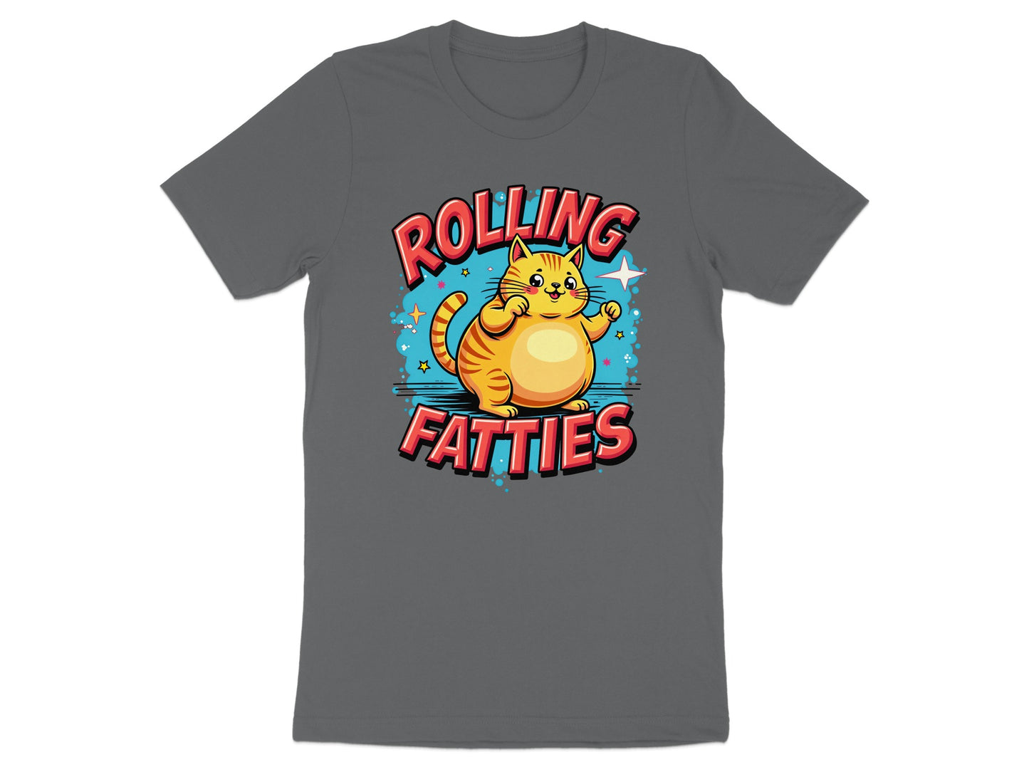 Cartoon cat with text "Rolling Fatties" on a dark gray t-shirt.
