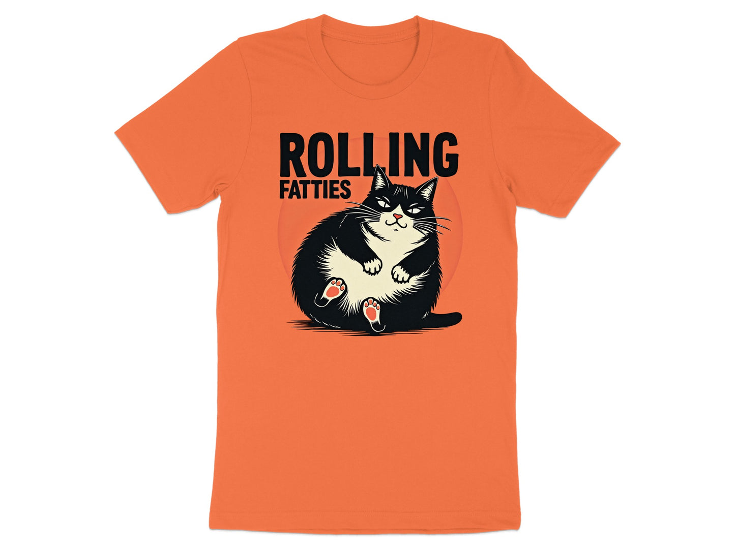 Orange t-shirt with black and white cat illustration and "ROLLING FATTTIES" text.