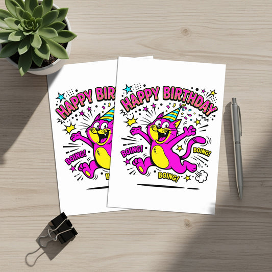 Two bright pink cats in party hats jumping with "HAPPY BIRTHDAY" text.