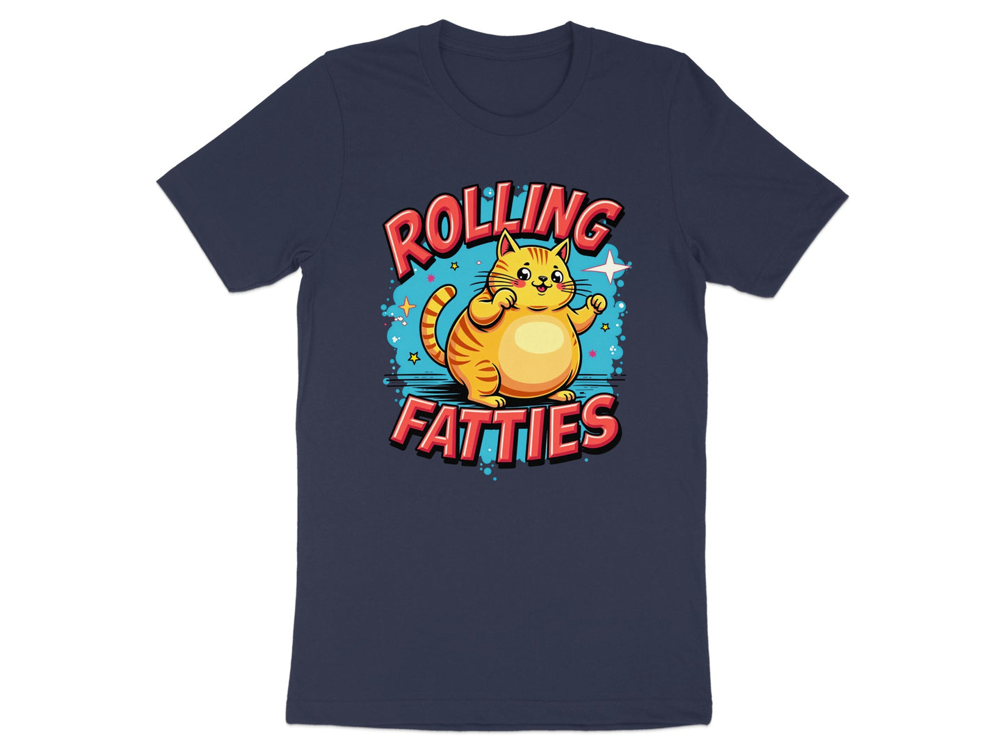 Chubby cartoon cat in a t-shirt that says "Rolling Fatties".
