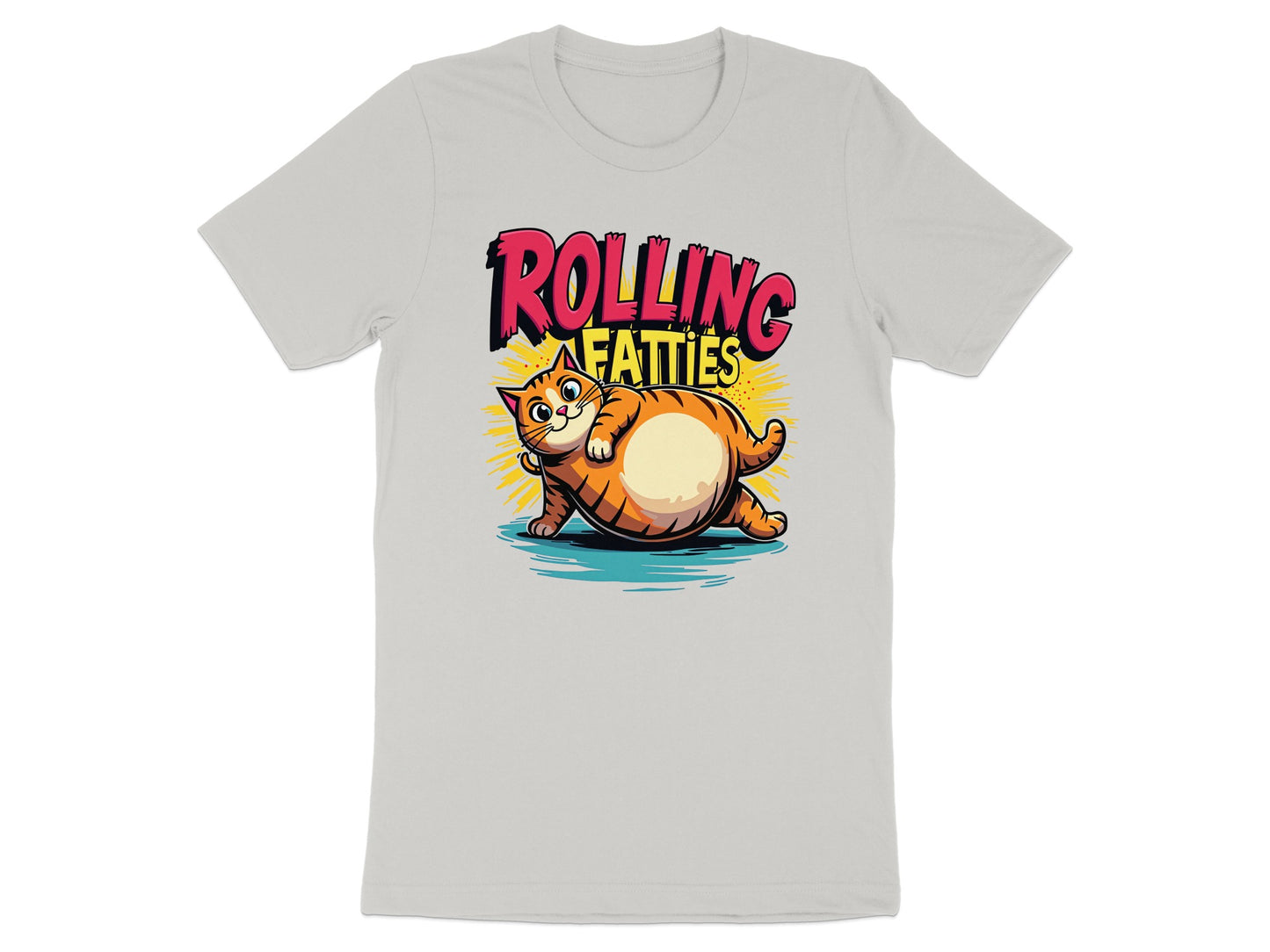 Cartoon cat with "Rolling Fatties" text on a light grey t-shirt.