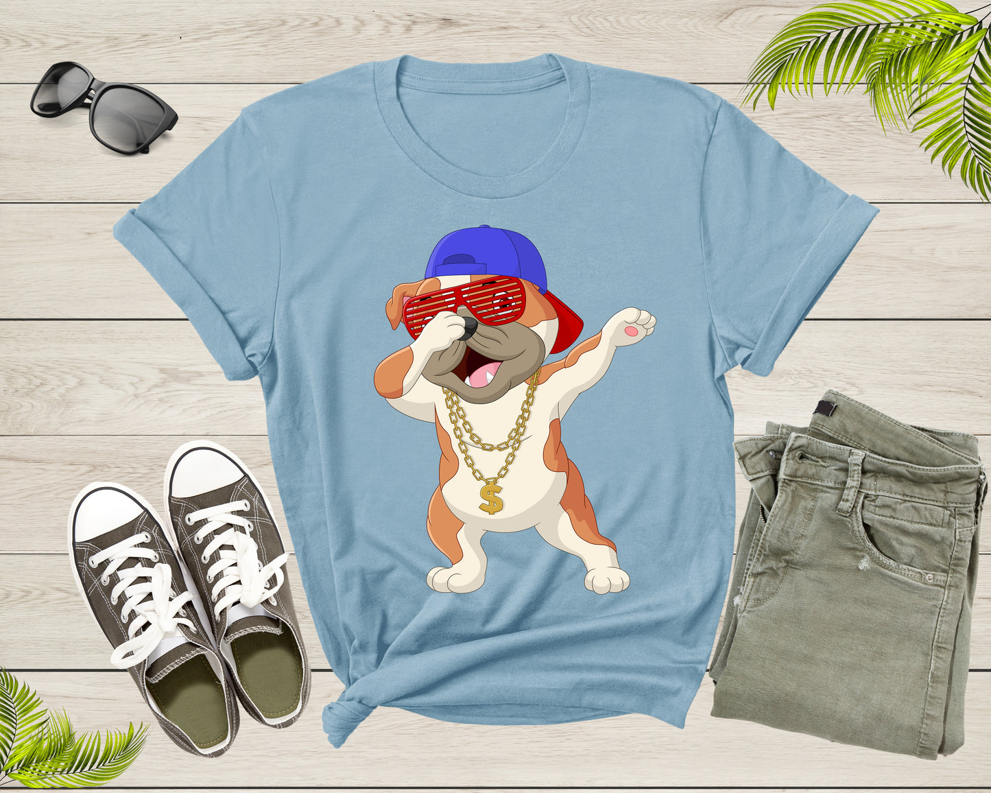 Cool Dabbing Dancing Dog Wearing Sunglasses Hat Necklace T-Shirt Dabbing Puppy Shirt for Men Women Kids Boys Girls Teens Graphic Gift Tshirt