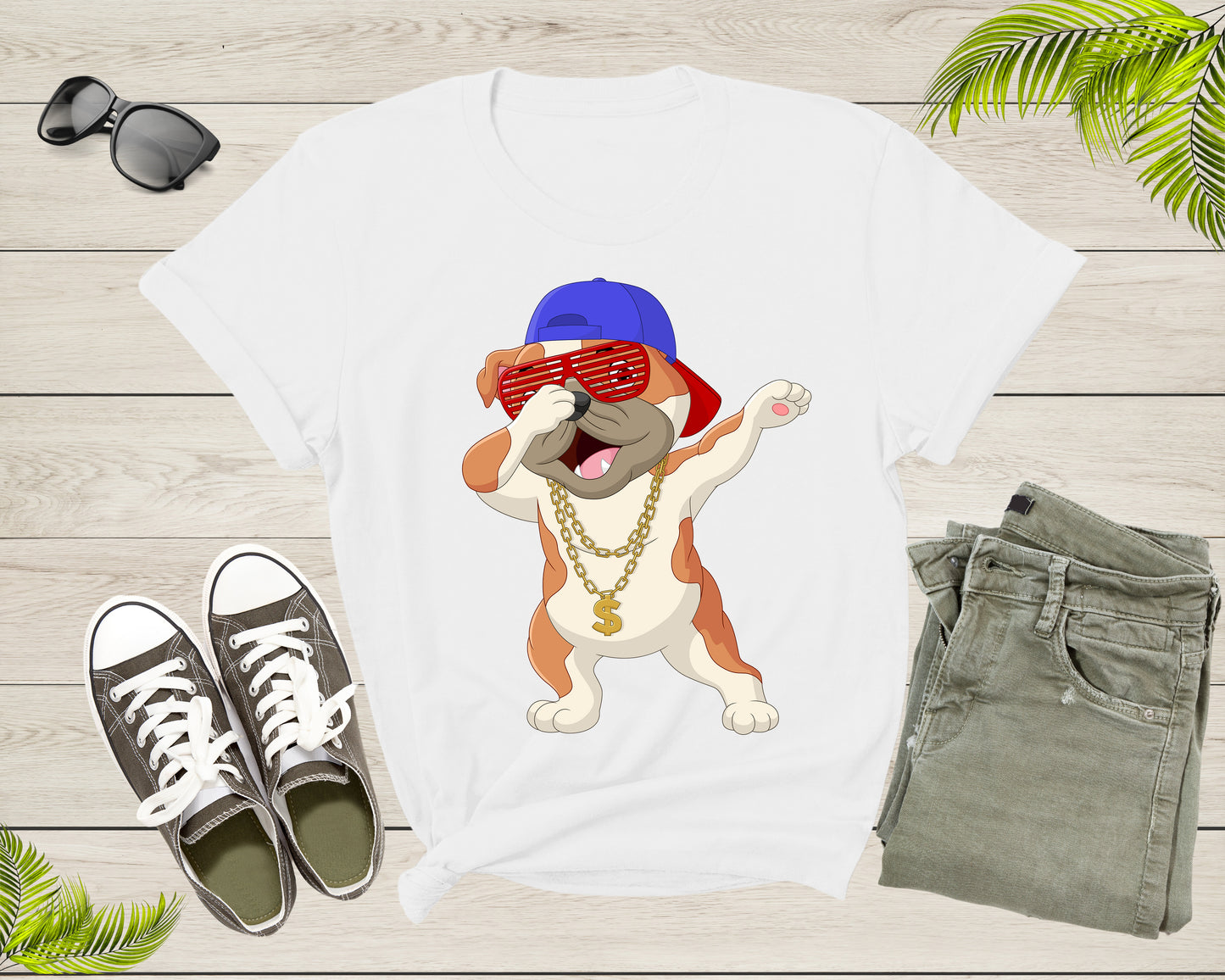 Cool Dabbing Dancing Dog Wearing Sunglasses Hat Necklace T-Shirt Dabbing Puppy Shirt for Men Women Kids Boys Girls Teens Graphic Gift Tshirt