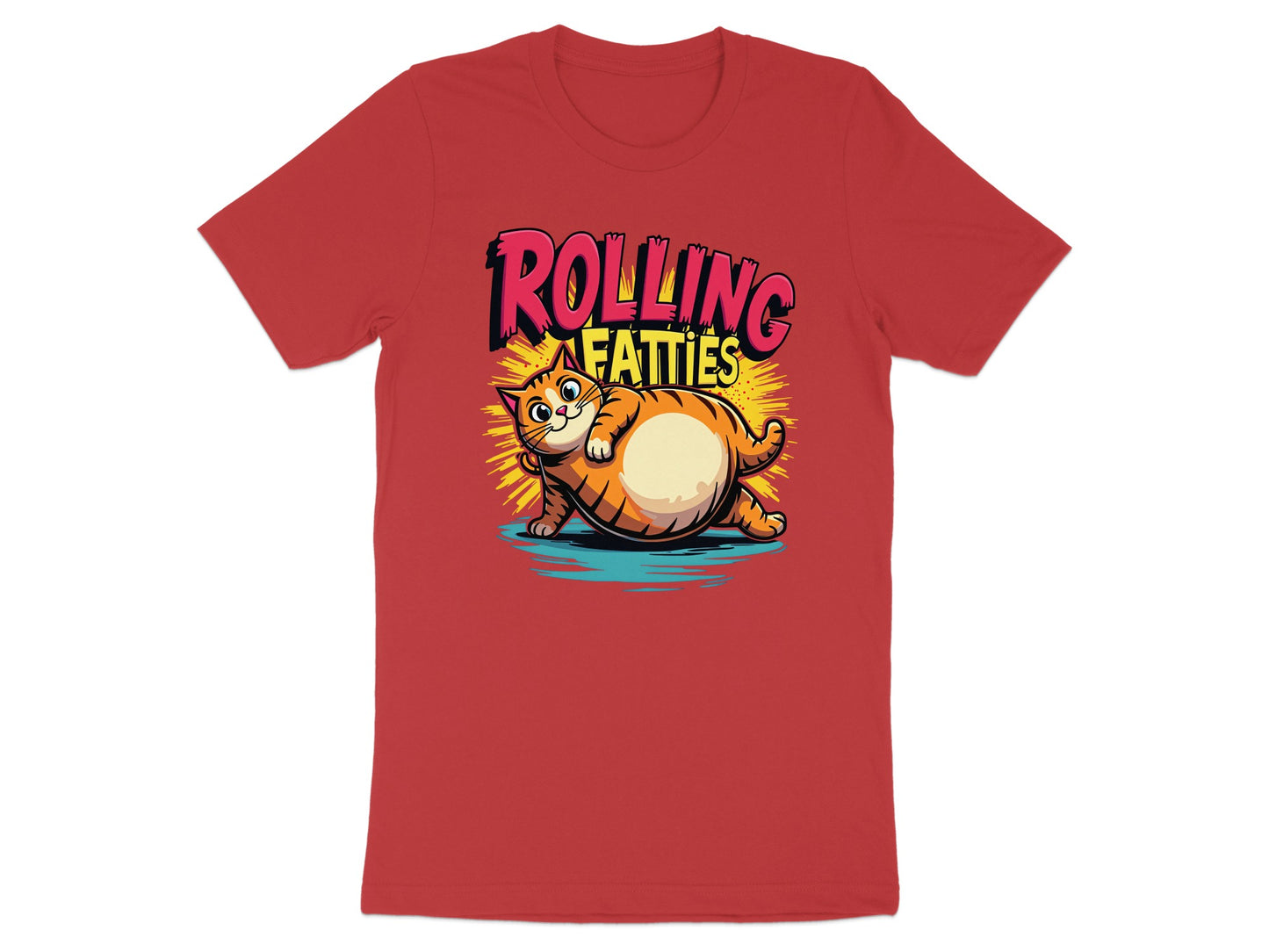 Red t-shirt with "Rolling Fatties" text and a cartoon cat.