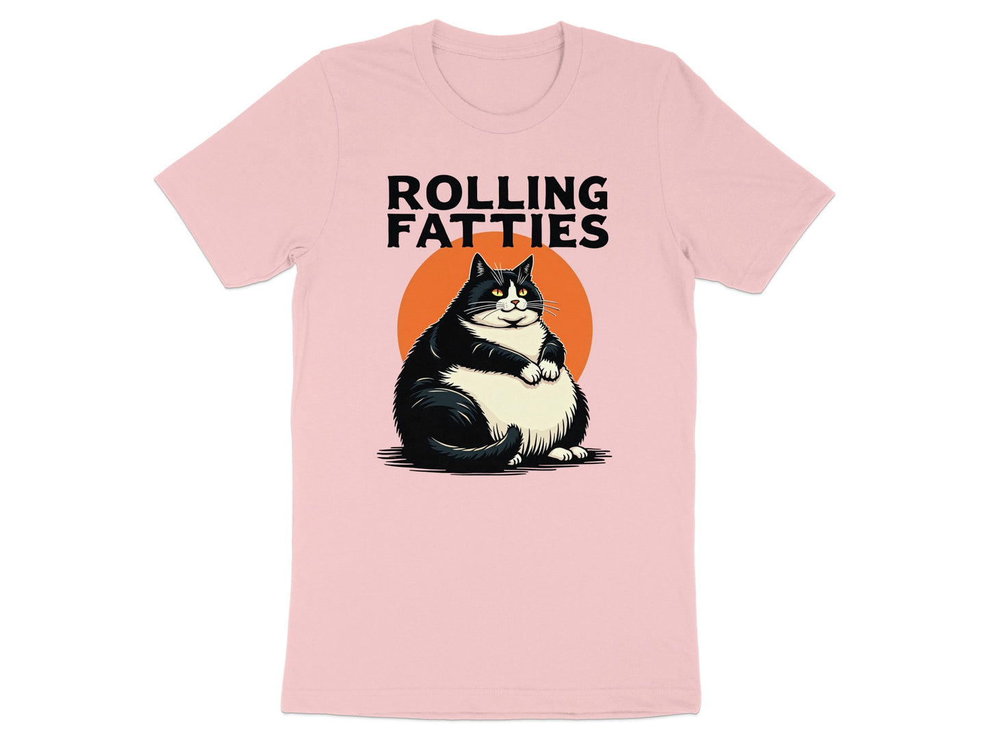Pink t-shirt with a fat cat illustration and "ROLLING FATTTIES" text.