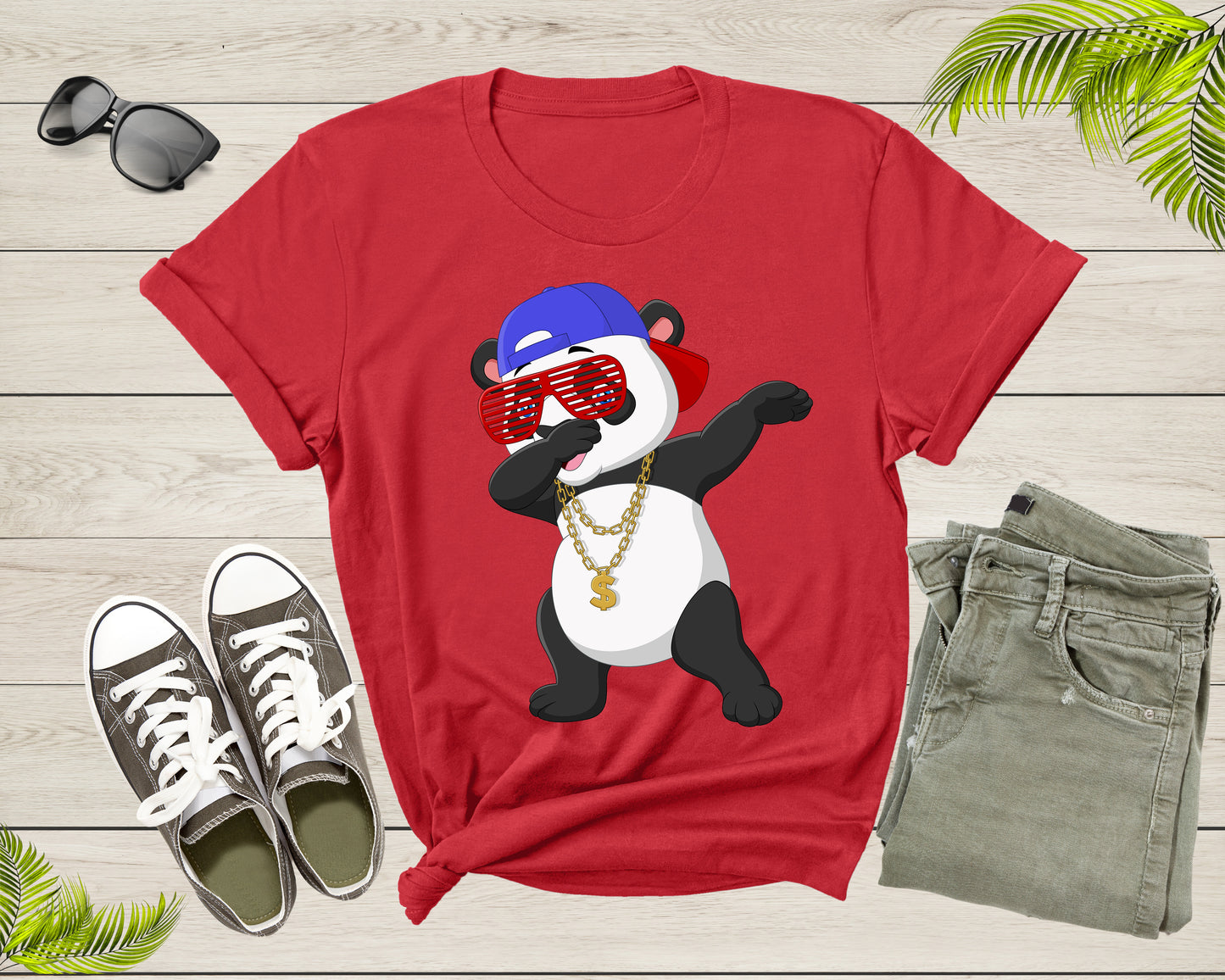 Cool Dabbing Dancing Panda Wearing Sunglasses Hat Necklace T-Shirt Panda Shirt for Men Women Kids Boys Girls Teens Graphic Gift Tshirt