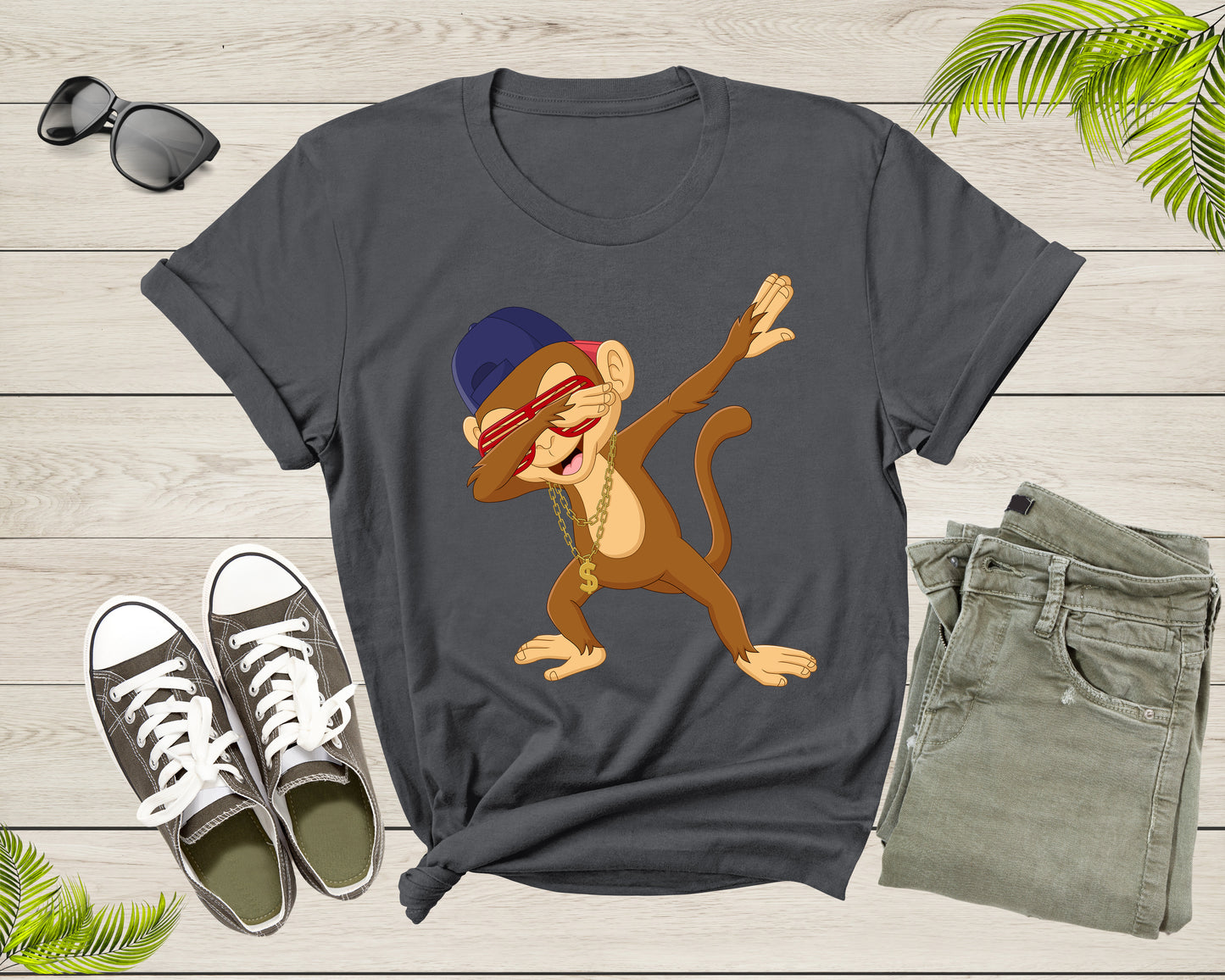 Cool Dabbing Dancing Monkey Wearing Sunglasses Hat Necklace T-Shirt Monkey Shirt for Men Women Kids Boys Girls Teens Graphic Gift Tshirt