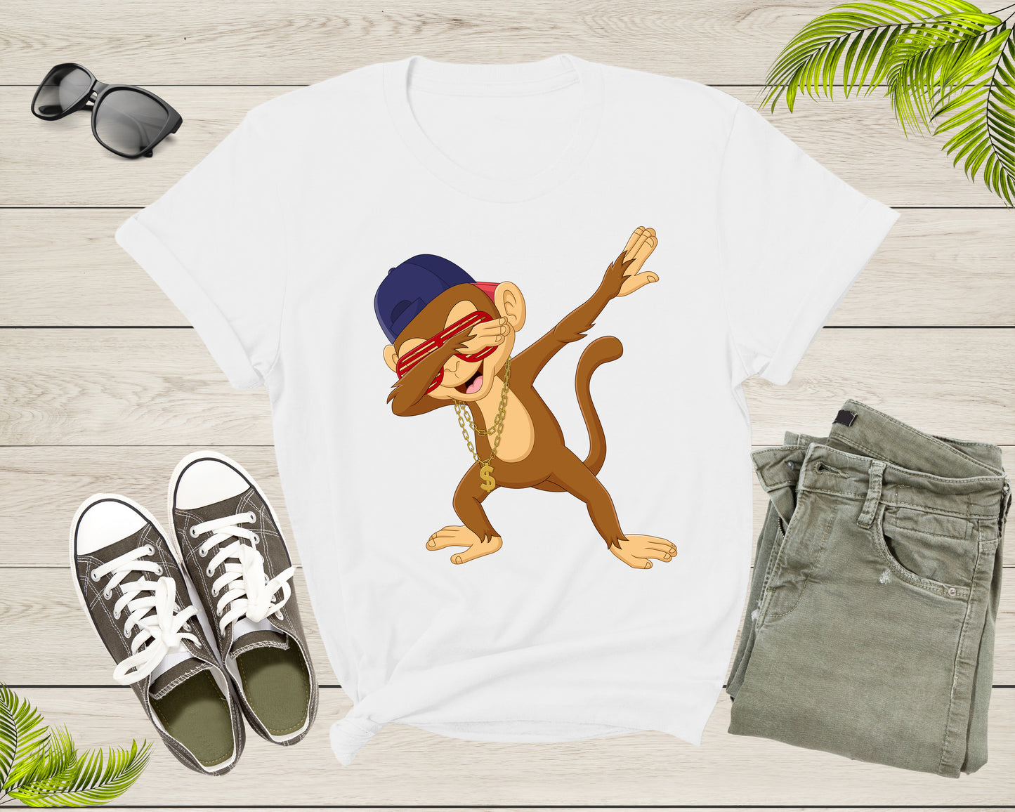 Cool Dabbing Dancing Monkey Wearing Sunglasses Hat Necklace T-Shirt Monkey Shirt for Men Women Kids Boys Girls Teens Graphic Gift Tshirt