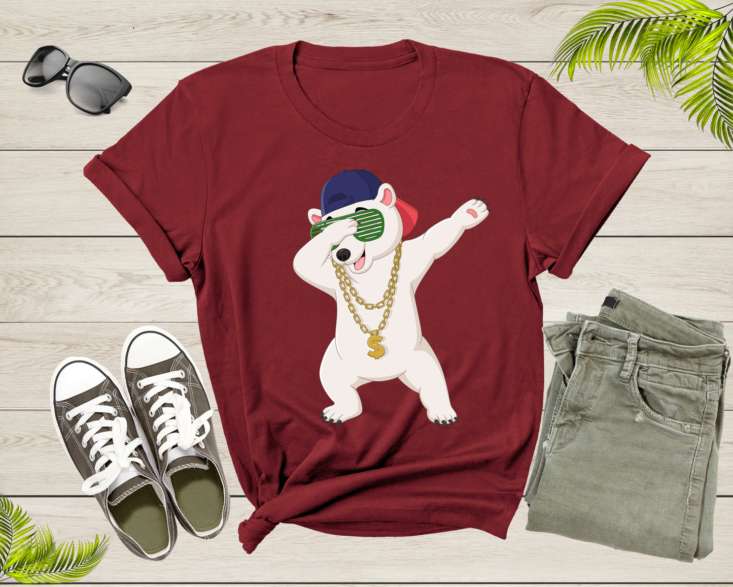 Cool Dabbing Dancing Polar Bear Wear Sunglasses Hat Necklace T-Shirt
