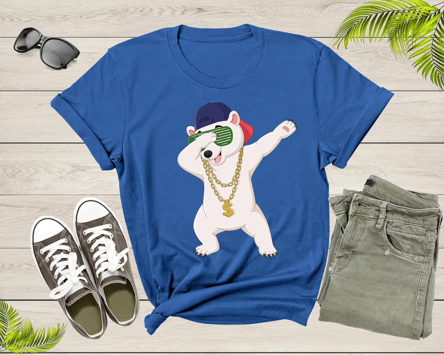 Cool Dabbing Dancing Polar Bear Wear Sunglasses Hat Necklace T-Shirt
