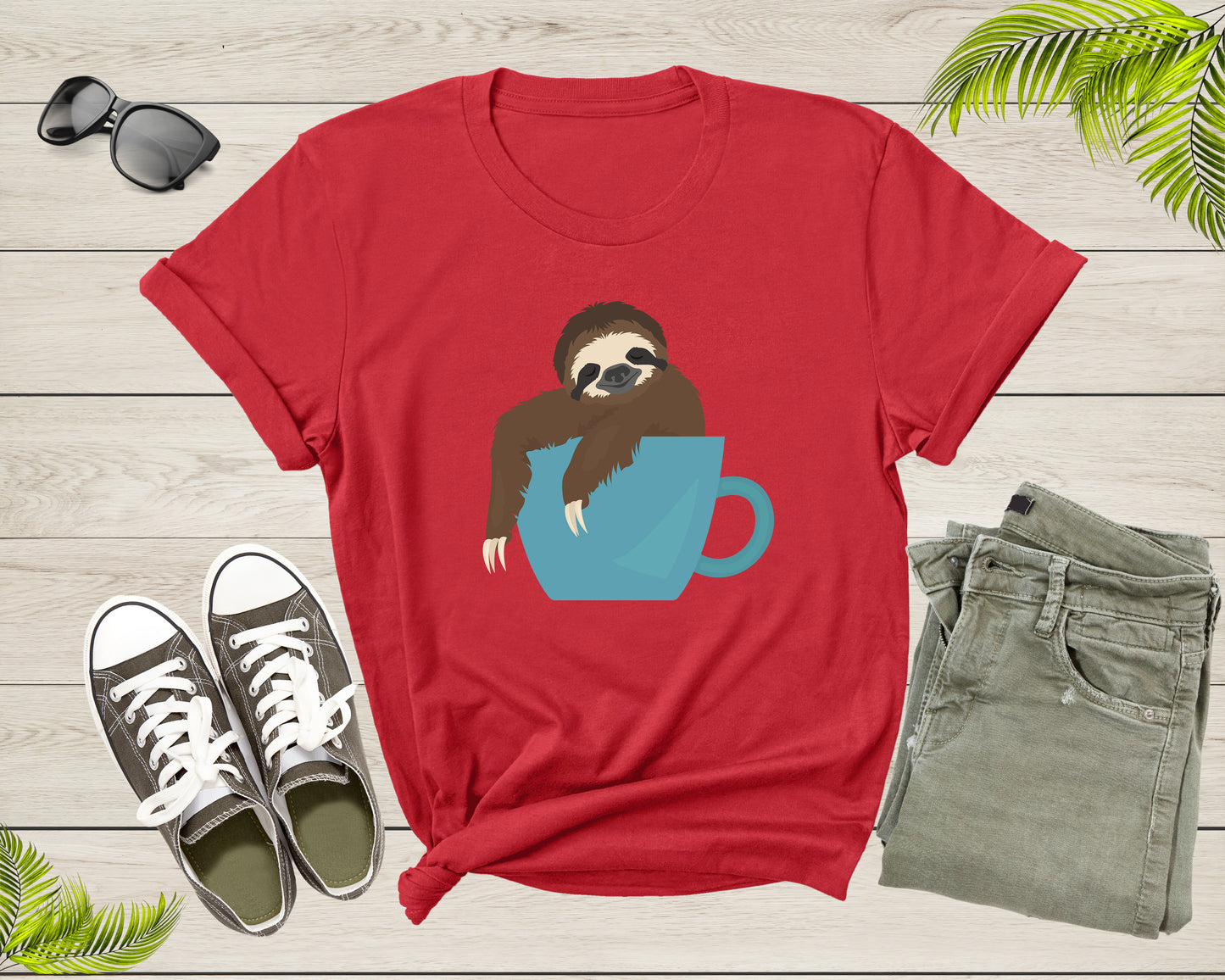 Coffee Drink Lover Happy Sloth Animal Sitting Coffee Cup T-Shirt Coffee Lover Sloth Animal Shirt for Men Women Kids Boys Girls Teen Tshirt