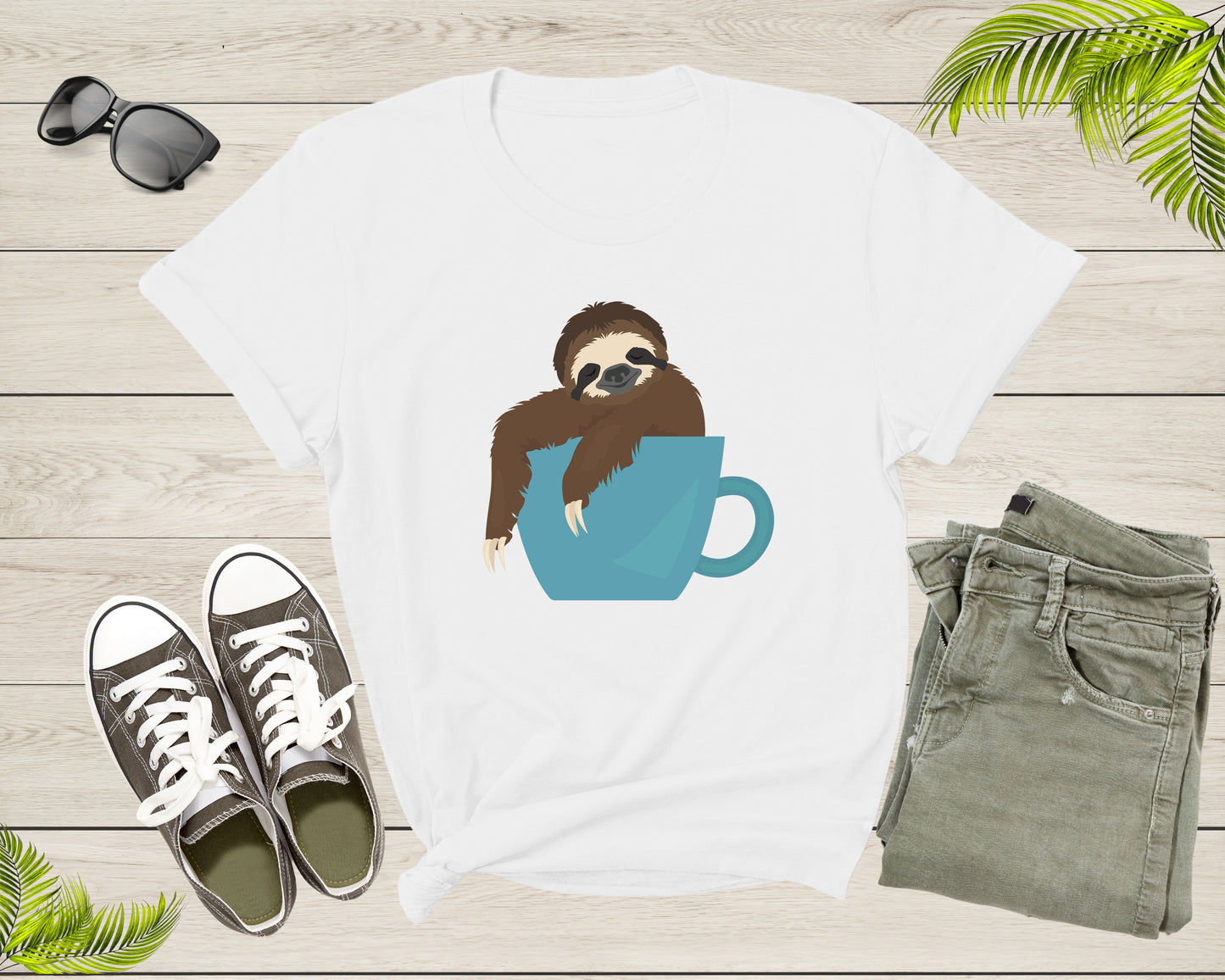 Coffee Drink Lover Happy Sloth Animal Sitting Coffee Cup T-Shirt Coffee Lover Sloth Animal Shirt for Men Women Kids Boys Girls Teen Tshirt